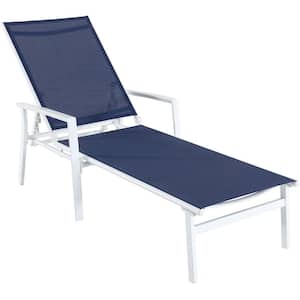 Nova White Frame Adjustable Sling Outdoor Chaise Lounge in Navy Blue Sling