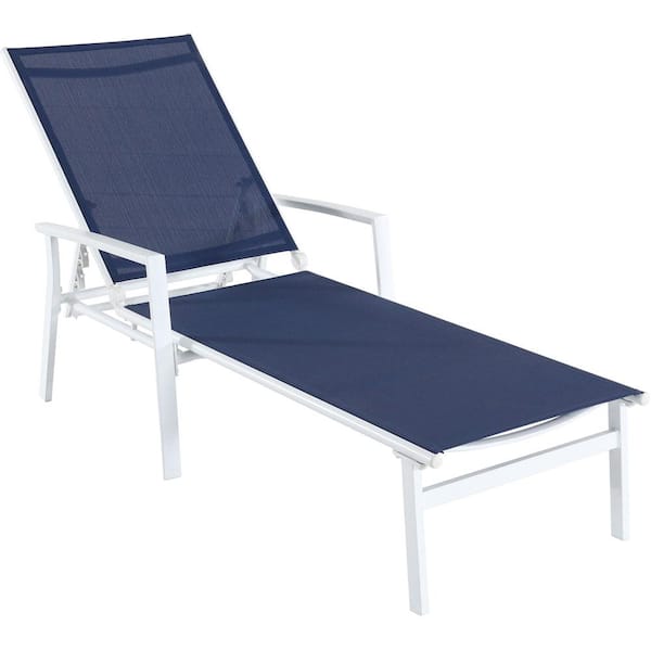 Hanover Naples White Frame Adjustable Sling Outdoor Chaise Lounge in Navy Blue Sling