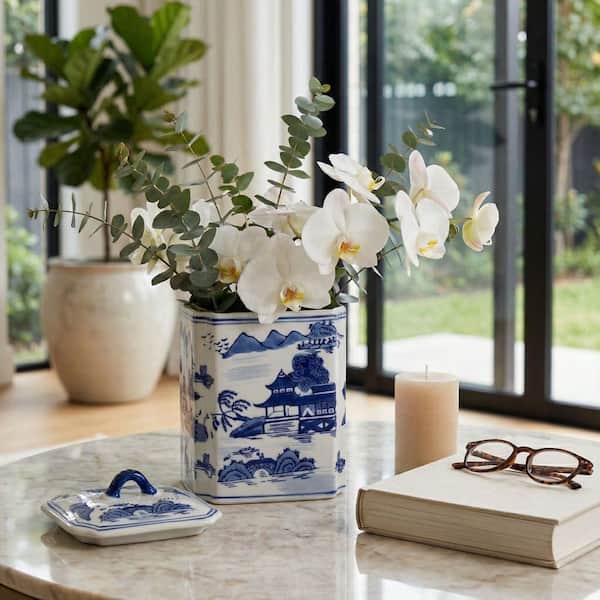 8 in. Blue Ceramic Rectangular Chinoiserie Jar with Lid