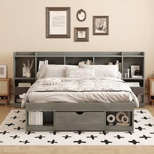 Gray Wood Frame Queen Size Platform Bed with Multiple Storage Headboard and Drawer