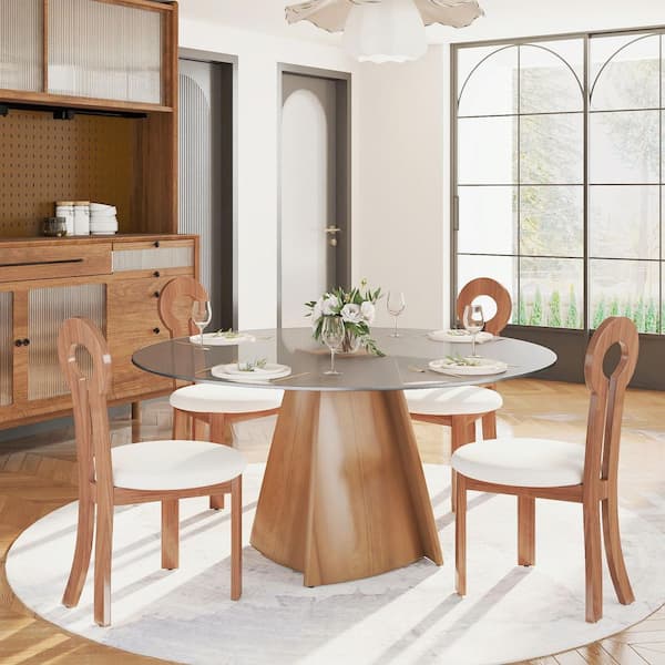 Modern 59.05 in. Black Round Tempered Glass Tabletop Dining Table with Walnut Pedestal Base (Seats 8)