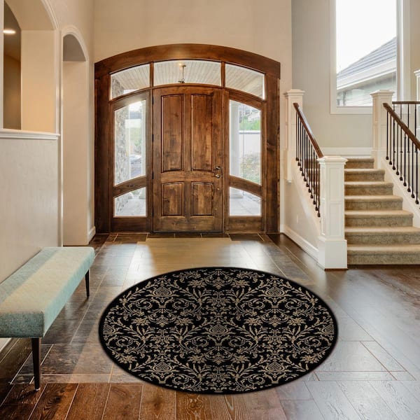 Jewel Damask Black 5 ft. Round Area Rug