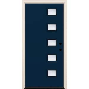 36 in. x 80 in. Left-Hand/Inswing 5-Lite Rain Glass Indigo Painted Fiberglass Prehung Front Door w/6-9/16 in. Frame