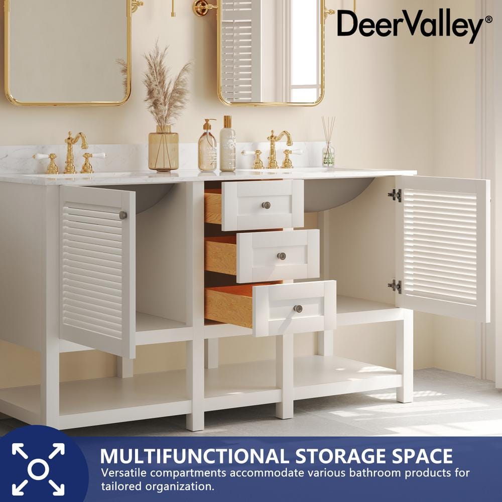 60'' White Double Sink Freestanding Bathroom Vanity with Marble Top