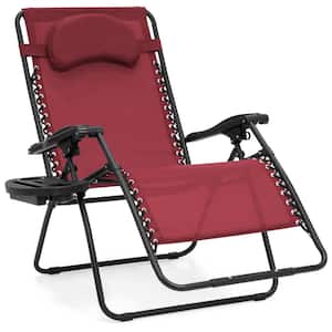 Oversized Zero Gravity Folding Reclining Burgundy Fabric Outdoor Lawn Chair w/Cup Holder Red