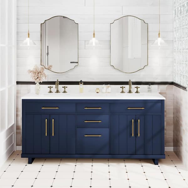 72 in. Navy Wood Double Sink Freestanding Bathroom Vanity with White Marble Top