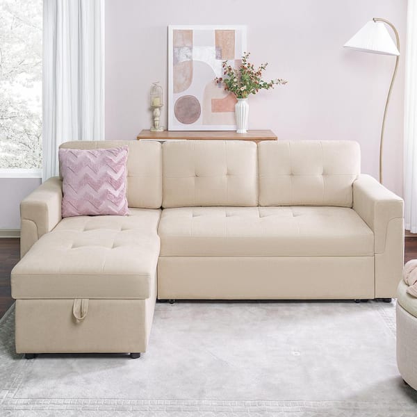 84.64 in. W Square Arm 1-Piece Velvet L-Shaped Sectional Sofa in Beige with Chaise