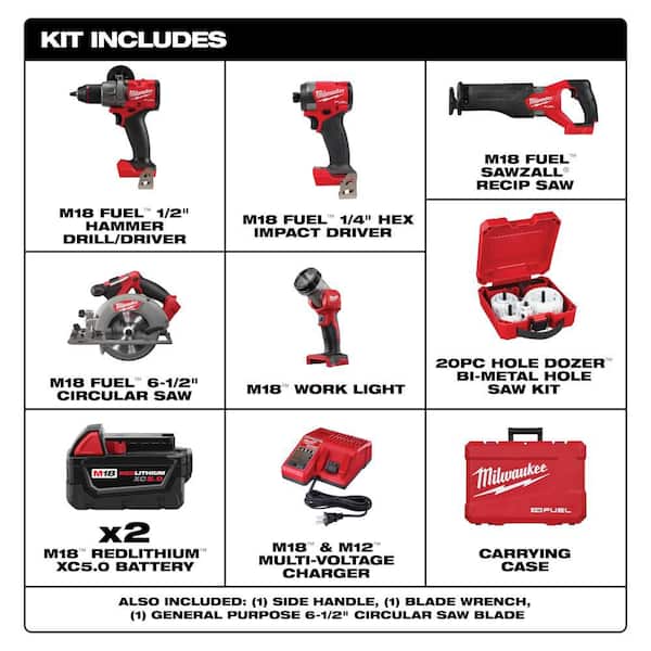 M18 FUEL 18V Lith-Ion Brushless Cordless Combo Kit (5-Tool) w/ Two 5.0 Ah Batteries, Charger, Tool Bag, & Hole Saw Set