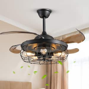 42 in. Industrial Indoor Black Caged Ceiling Fan with Light and Remote, Farmhouse 5-Light Retractable Ceiling Fan