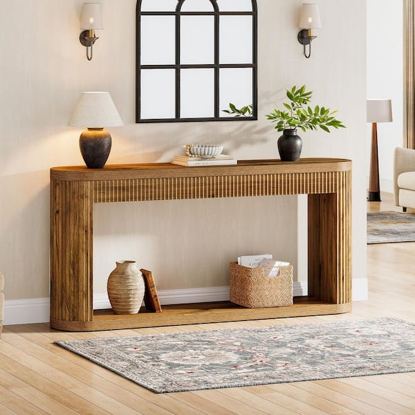 Turrella 63 in. Rectangle Brown Wood Farmhouse Behind Sofa Entryway Couch Wall Fluted Console Table 2 Storage Shelves