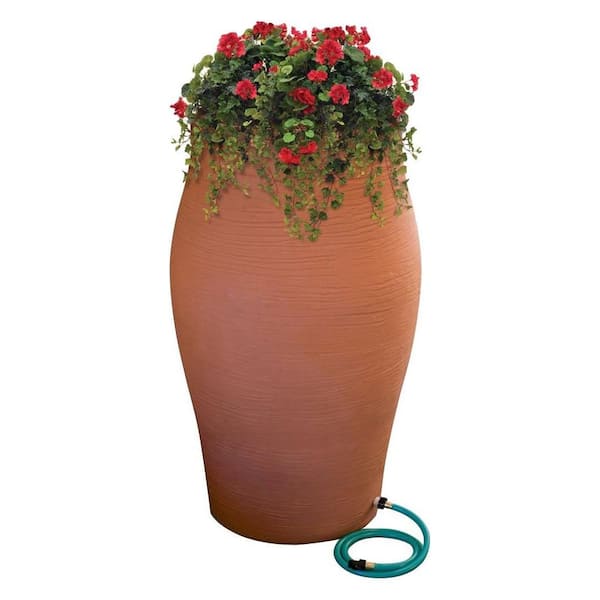 RESCUE 50 Gal. Terra Cotta Water Urn Flat-Back Rain Barrel with Integrated Planter and Diverter Kit