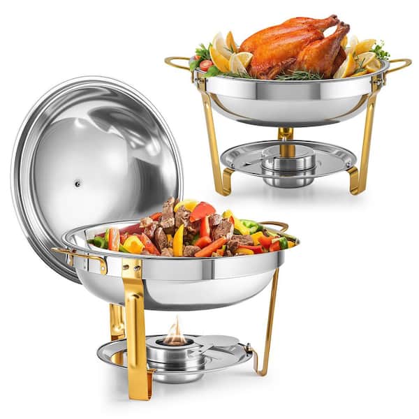 2 Pack 5 Qt. Round Chafing Dish Set with Foldable Frames & Lid Holders