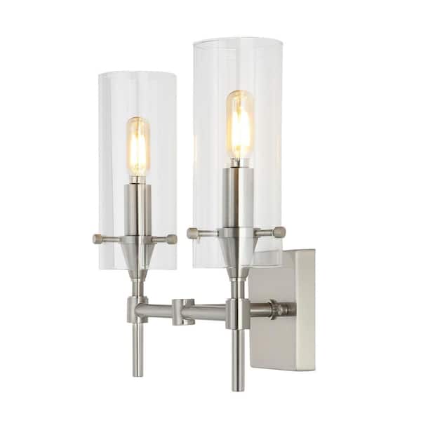 Cato 13.5 in. 2-Light Nickel/Clear Modern Farmhouse Iron/Glass LED Vanity Light