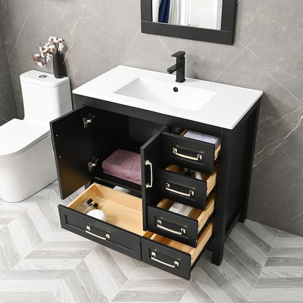 Eclife 36 Bathroom Vanities Cabinet with Sink Combo Set,Matte Black  Faucet,Undermount Ceramic Sink with Thickened Wood