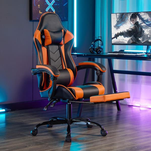 Emma Faux Leather Swivel Ergonomic Gaming Chair in Black Orange with Massage Lumbar Support, Adjustable Computer Chair