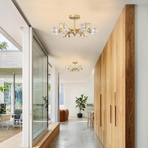 Sunpez 18.1 in. 6-Light Matte Gold Modern Crystal Semi-Flush Mount Ceiling Light with Crystal Shade, No Bulbs Included
