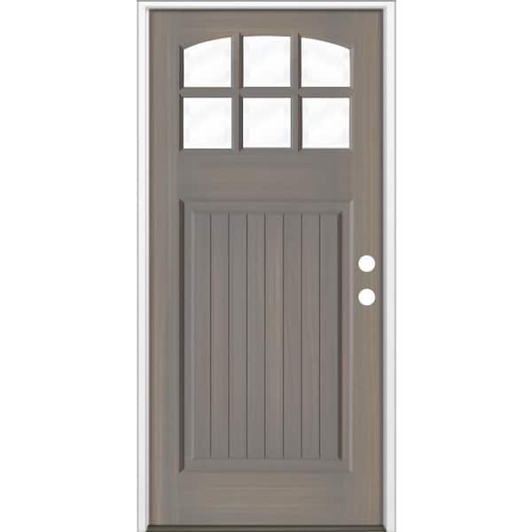 36 in. x 80 in. Craftsman 6 Lite V Groove Arch Top Grey Stain Left-Hand/Inswing Hemlock Prehung Front Door
