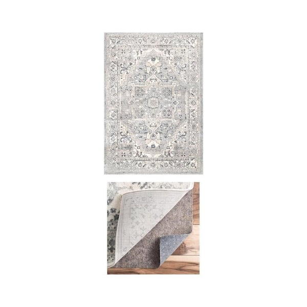 Essa Vintage 9 ft. x 12 ft. Light Gray Area Rug with 9 ft. x 12 ft. Eco Friendly Non-Slip 0.15 in. Rug Pad