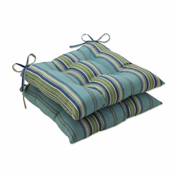 Pillow Perfect Striped 19 in. x 18.5 in. Outdoor Dining Chair Cushion in Blue/Green/Natural (Set of 2)