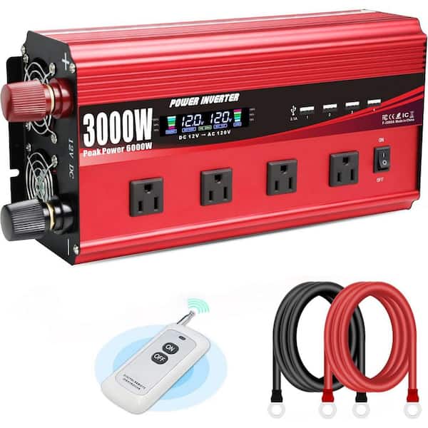 3000-Watt Power Inverter 12V to 110V/120V DC to AC with LCD Display, Remote Controller 4-AC Outlets and 4-USB Ports