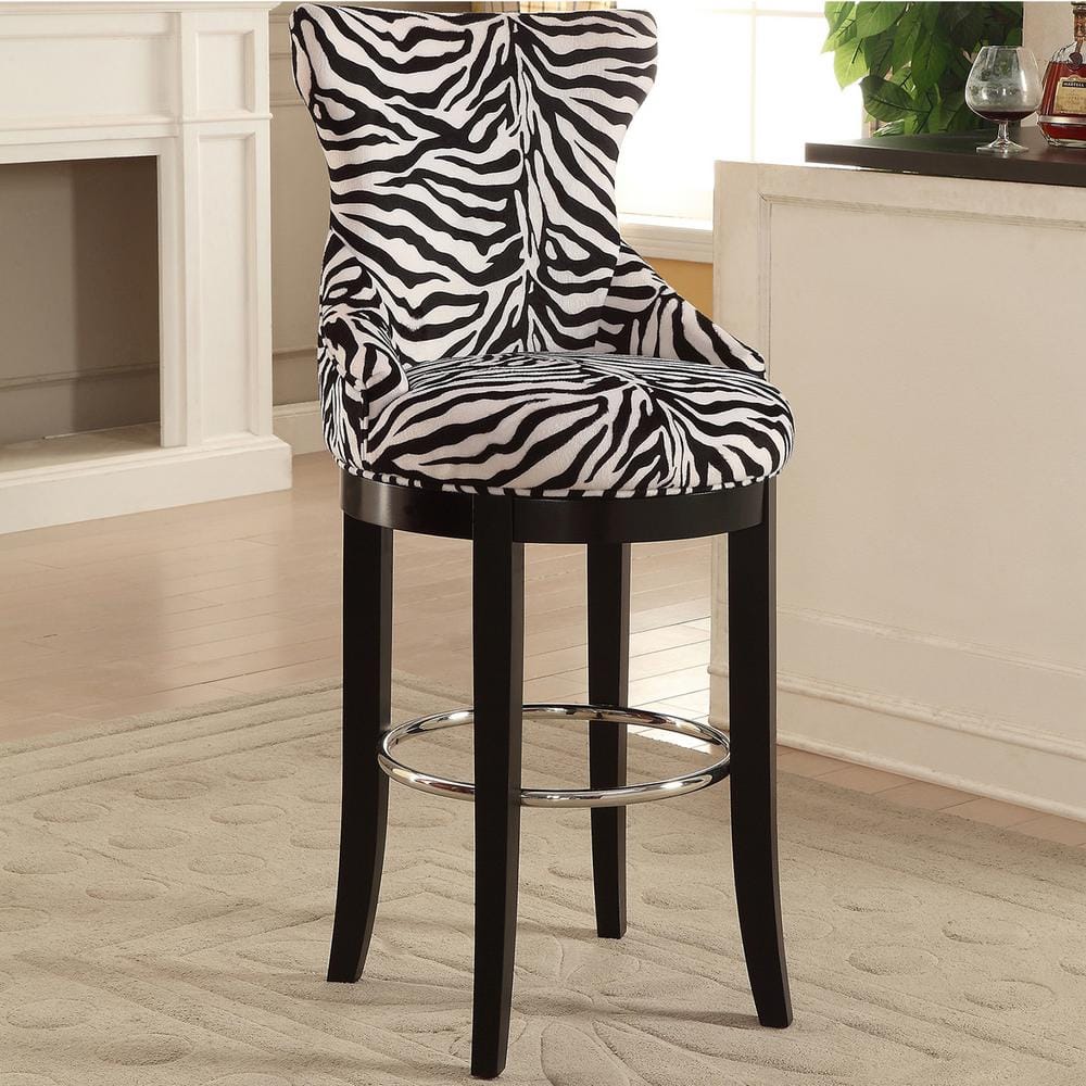 Modern Black and White Zebra Print Upholstered Bar Stool with Metal Accents