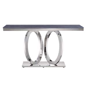 Zasir 63 in. Gray Printed Faux Marble and Mirrored Silver Rectangle Marble Top with Steel Frame Console Table
