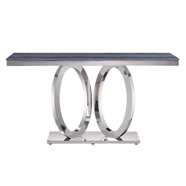 Acme Furniture Zasir 63 in. Gray Printed Faux Marble and Mirrored Silver Rectangle Marble Top with Steel Frame Console Table