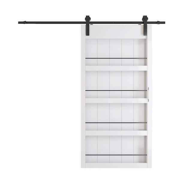 TENONER 84 in. x 84 in. 4-Levels Shelves Style, Primed MDF White Finished, Sliding Barn Door with Hardware Kit