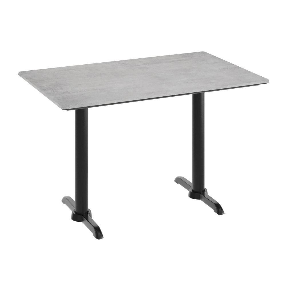 Gray dining table with black metal base on a white background.