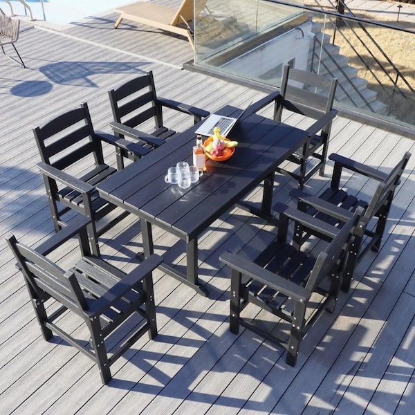 Sudzendf 7-Piece Black HDPE Plastic Outdoor Dining Set for Garden, Backyard, Lawn, and Poolside