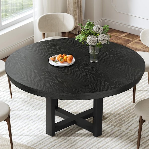 Dovelina Montauk Black Wood 52 in. Round Cross Legs Dining Table Kitchen Tables Seats 6