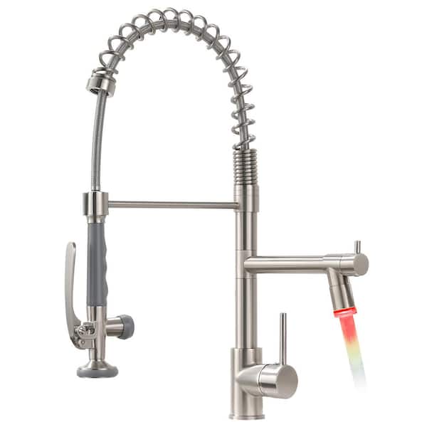 PERLIRIA INC Single Handle Pre-Rinse Spring Pull Down Sprayer Kitchen Faucet with Power Clean and LED Light in Brushed Nickel