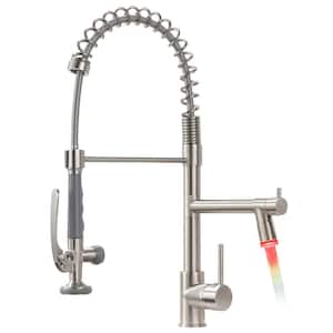 Single Handle Pre-Rinse Spring Pull Down Sprayer Kitchen Faucet with Power Clean and LED Light in Brushed Nickel