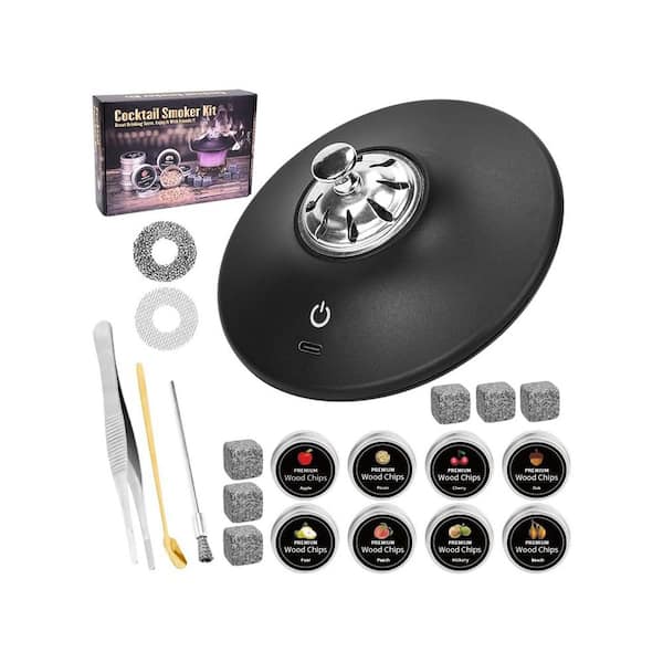 Kit Black Stainless Steel Cocktail Smoker Kit with 8 Wood Chips and Whiskey Stones for Drinks and Food