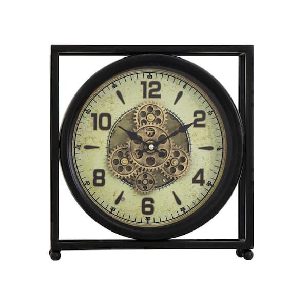 Black Analog Metal Open Moving Gears Table Clock