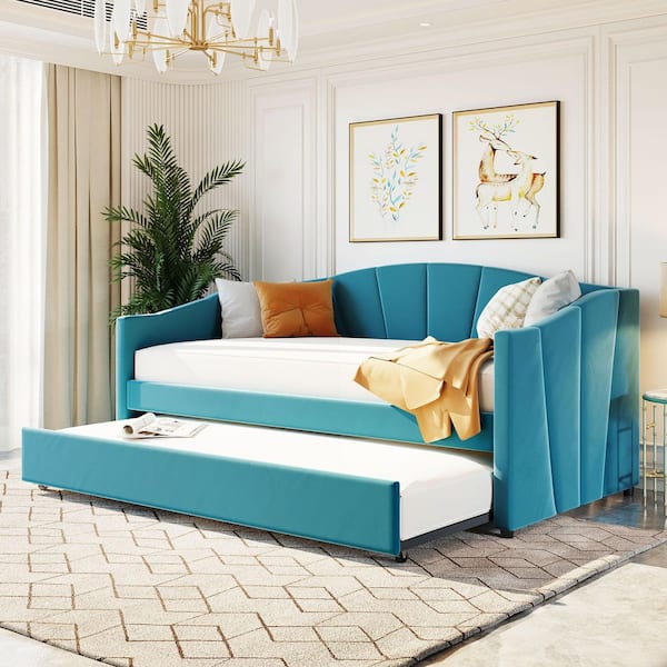Blue Twin Velvet Upholstered Daybed With Trundle