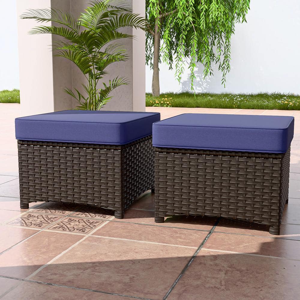 Azure Bay Dark Blue and Brown Steel Wicker Patio Ottoman Set