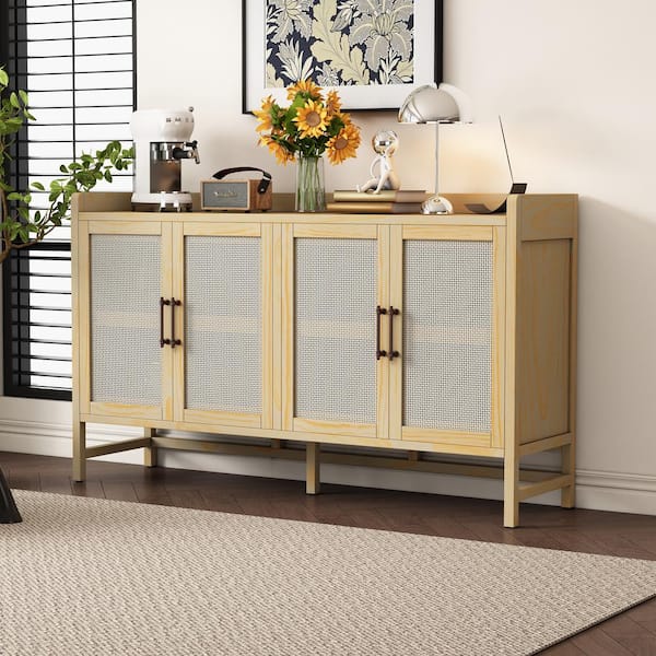Harper & Bright Designs Natural Pine Veneer and MDF 60 in. Sideboard with Adjustable Shelves and 4 Rattan Doors