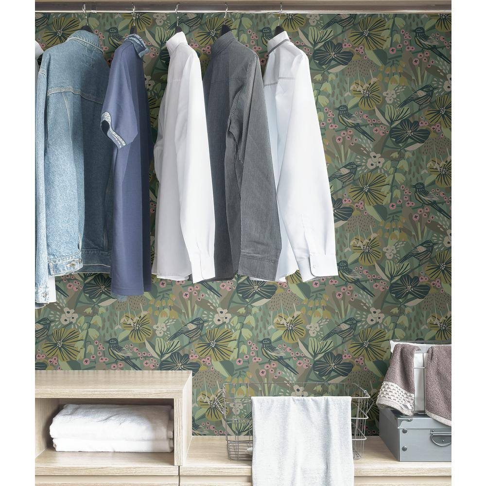 Sage and Pink Floral Bird Peel and Stick Wallpaper