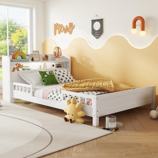 White Wood Frame Full Platform Bed with Bookcase Headboard, LED Motion Sensor Light and Guardrails