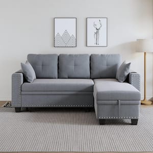 85 in.Dark Gray Cotton linen Nail Head Multi-functional Full Size L-shaped Sofa Bed