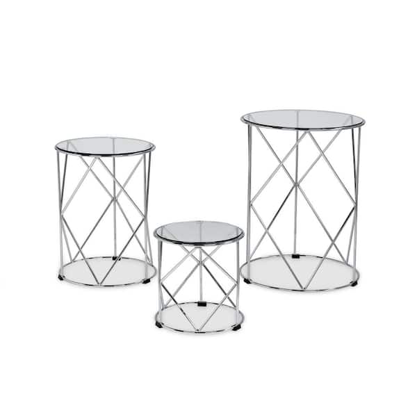 Furniture of America Canford 3-Piece Chrome Nesting Tables With 6mm Tempered Clear Glass