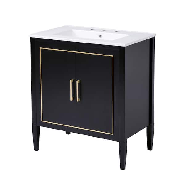 stufurhome Single Sink Bathroom Vanity in Black with  White 30 in. W x 18 in. D x 34 in. H Ceramic Top