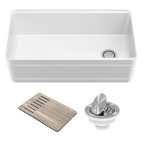 KRAUS Turino Gloss White Fireclay 33 in. Single Bowl Farmhouse/Apron-Front Workstation Kitchen Sink with Accessories