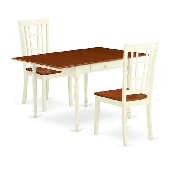 East West Furniture 3-Piece Buttermilk and Cherry Finish Solid Wood Top with Dropleaf Dining Table Set