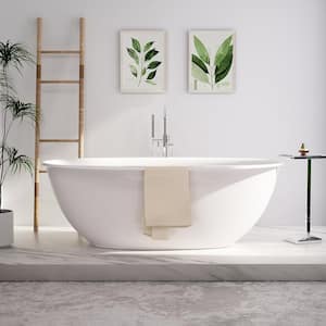 59 in. x 33 in. Solid Surface Freestanding Soaking Bathtub with Towel Hanger in White