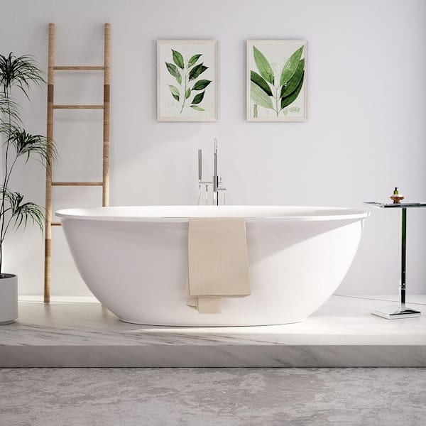 63 in. x 33 in. Solid Surface Integrated with Towel Hanger in White Freestanding Soaking Bathtub in White