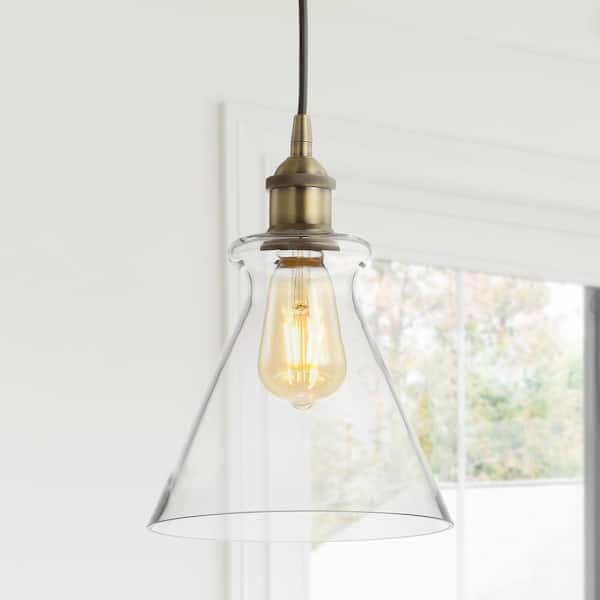 JONATHAN Y Goldwater 7.5 in. 1-Light Brass Gold Adjustable Drop Metal/Glass LED Pendant