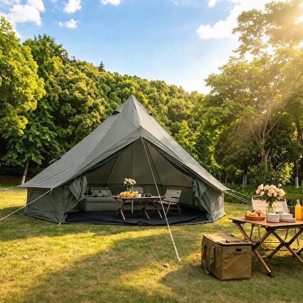 13.1 ft. x 13.1 ft. Green Camping Tent with Stove Jack for 4-8 People