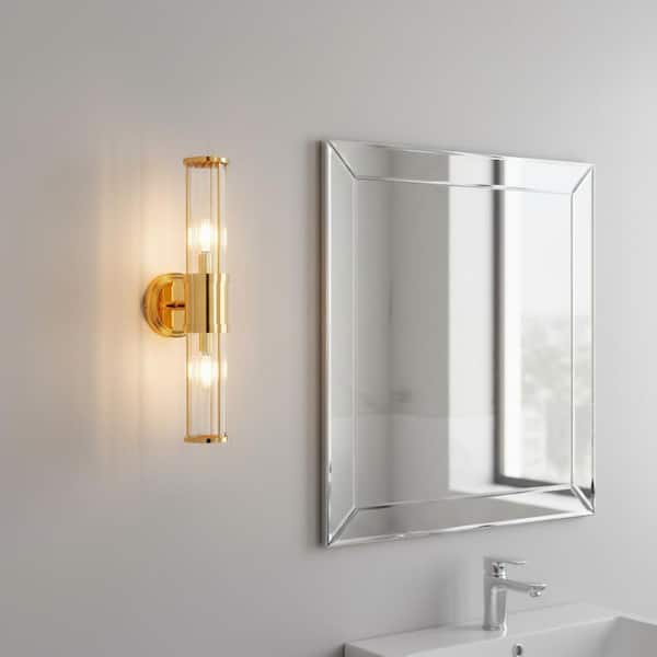 YANSUN 3 in. 2-Light Gold Crystal Bathroom Wall Sconce, Vertical and Horizontal Wall Mount Vanity Light Fixture